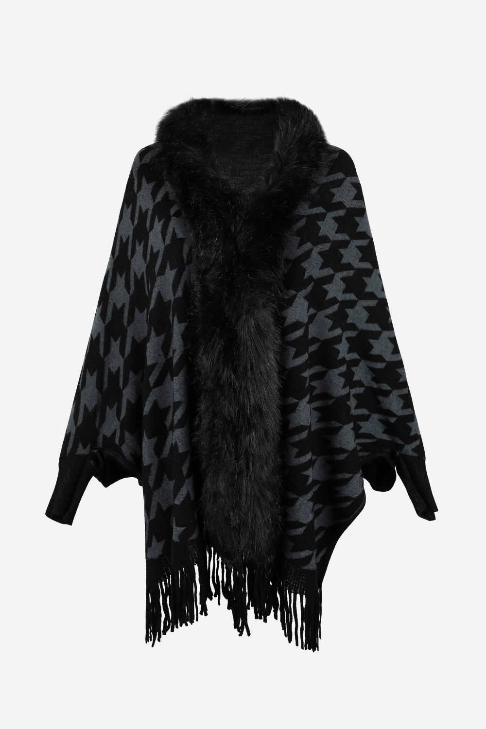Houndstooth Fringe Hem Poncho Hot Clearance Now