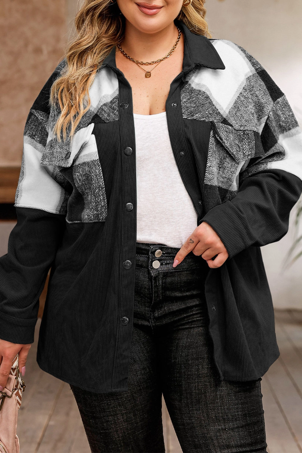 Hot Sale Alert Plus Size Plaid Snap Down Jacket With Pockets