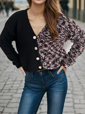 Hot Deal Alert Special Offer Inside Contrast Button Up V-Neck Cropped Cardigan