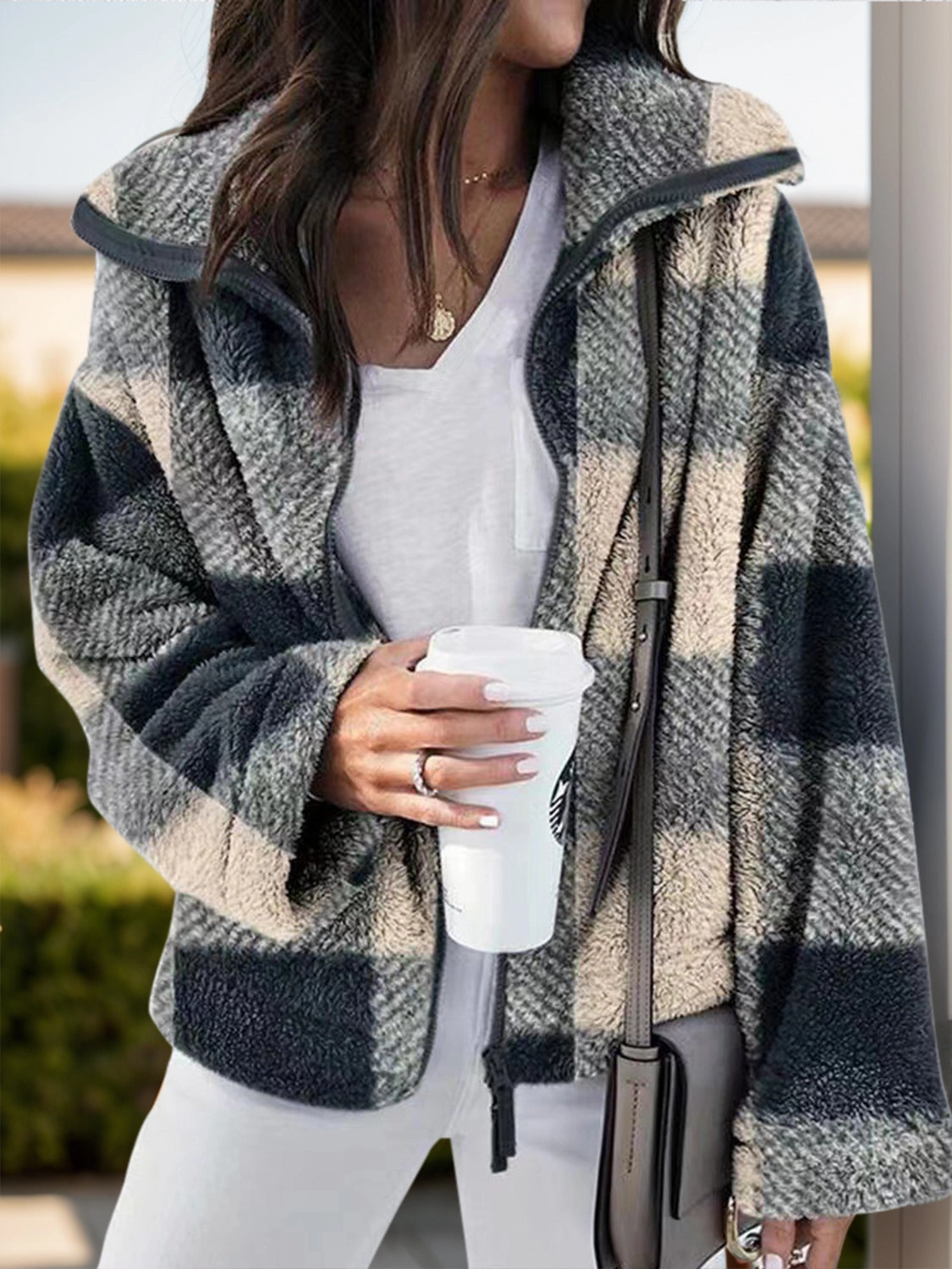 Grab Your Hot Pick Hot Deal Alert Full Size Plaid Zip Up Long Sleeve Jacket