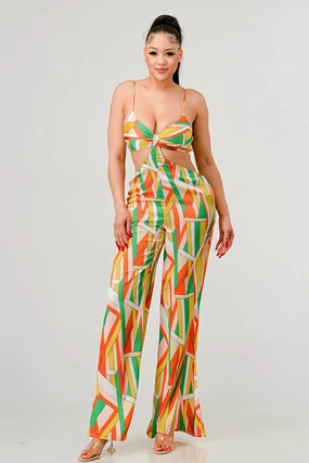 Sweet Deal Inside Price Drop Frenzy Luxe Geo Print Satin Bra Top And Palazzo Jumpsuit