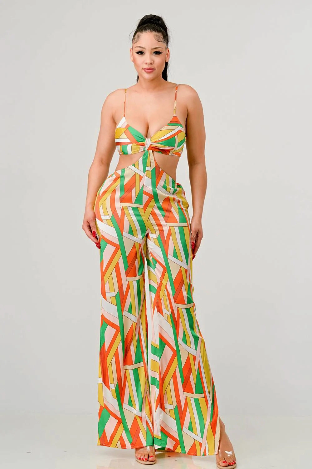 Hot Deal Alert Deal Frenzy Today Luxe Geo Print Satin Bra Top And Palazzo Jumpsuit