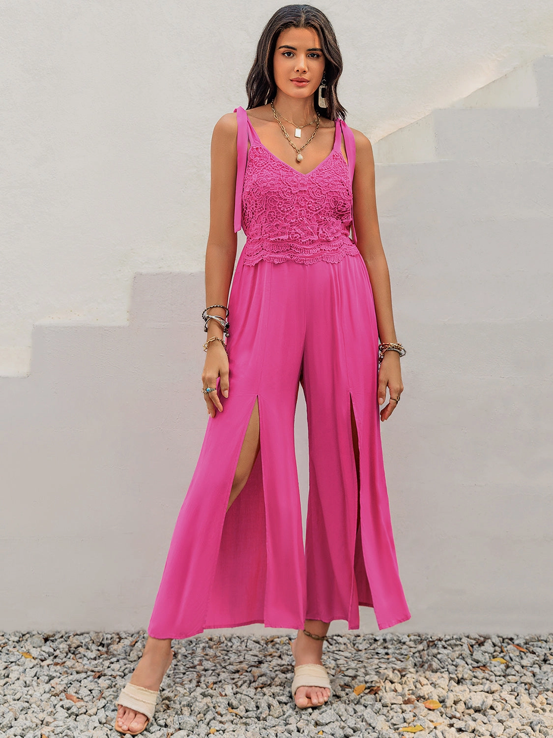 V-Neck Wide Strap Slit Jumpsuit MustHave Clearance