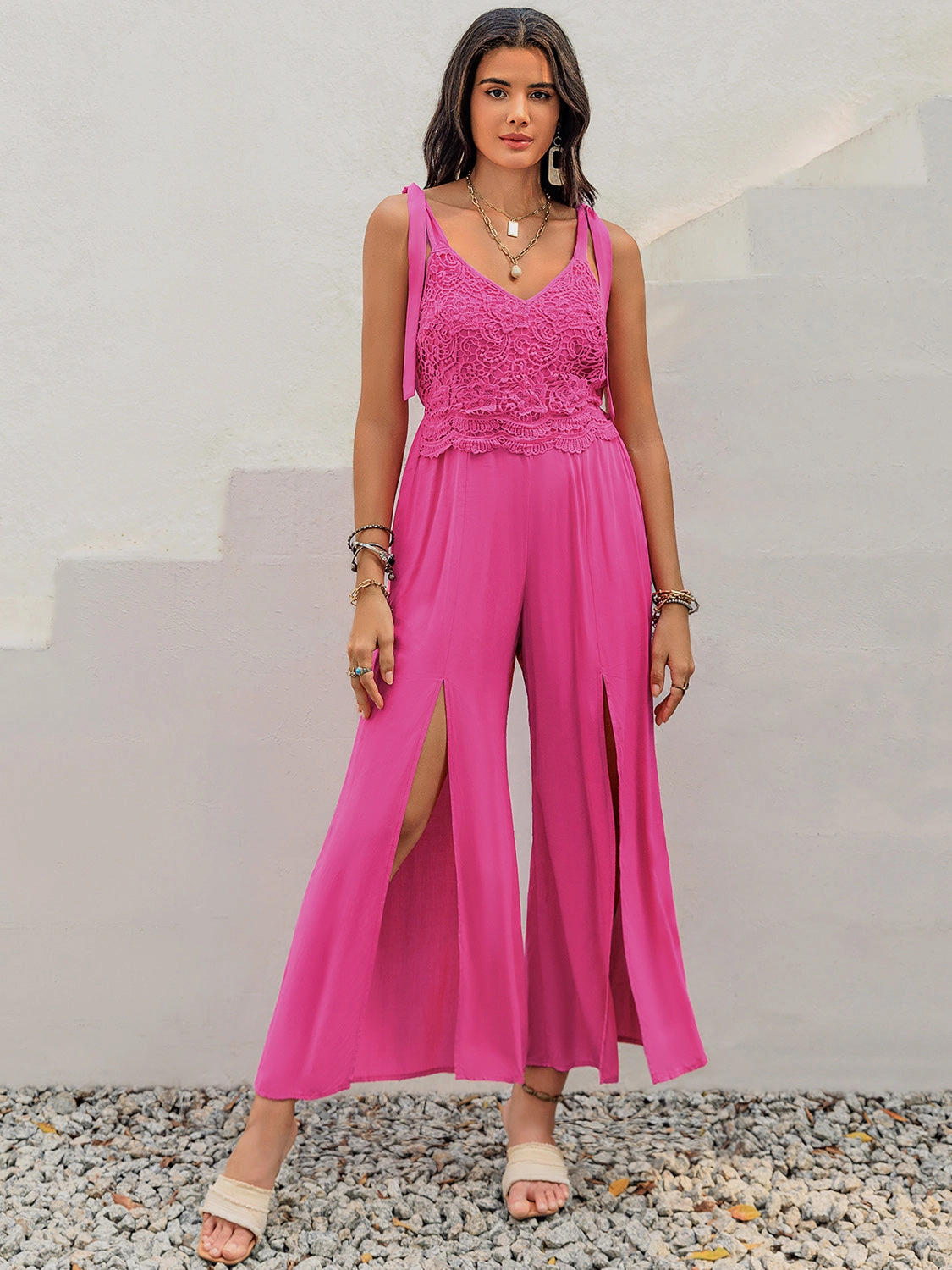 Big Clearance Event Online Deal Frenzy V-Neck Wide Strap Slit Jumpsuit