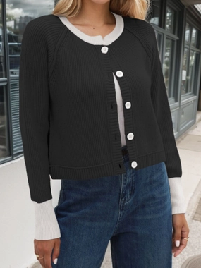 Contrast Button Up Long Sleeve Cardigan Mega Discount Today