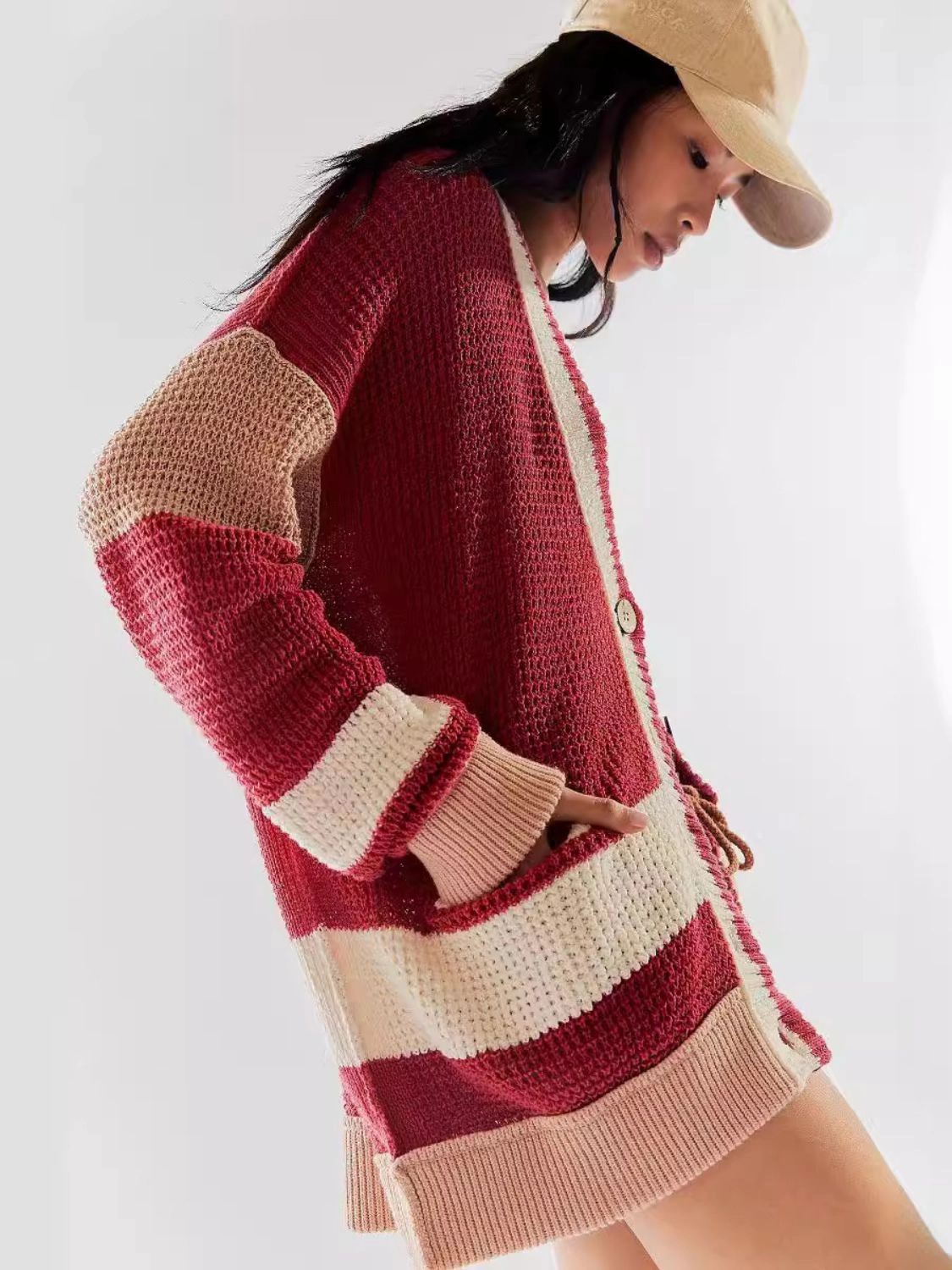 Pocketed Contrast V-Neck Long Sleeve Cardigan Shop Smart Save