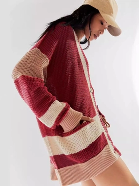 Pocketed Contrast V-Neck Long Sleeve Cardigan Shop Smart Save