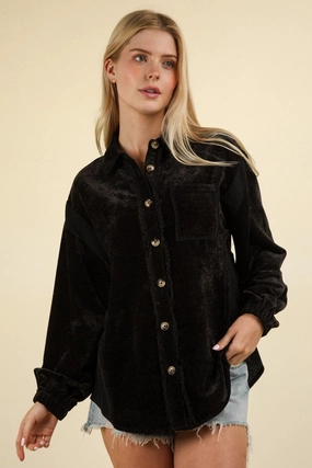 Weekend Flash Offer Very J Mixed Media Button Down Raw Hem Shacket