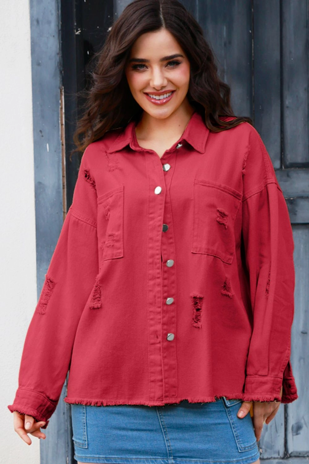 Distressed Button Up Raw Hem Denim Jacket Online Exclusive Savings MustHave Deals
