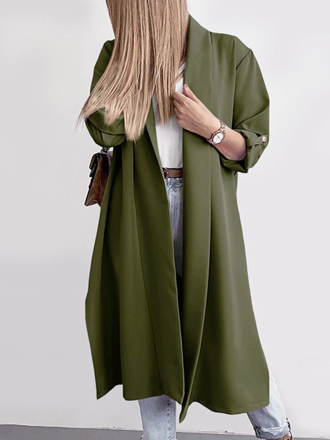 Slit Open Front Roll-Tab Sleeve Trench Coat Big Savings Alert Big Hot Sale
