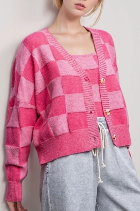 Save More Online Best Price Today Checkered V-Neck Long Sleeve Cardigan