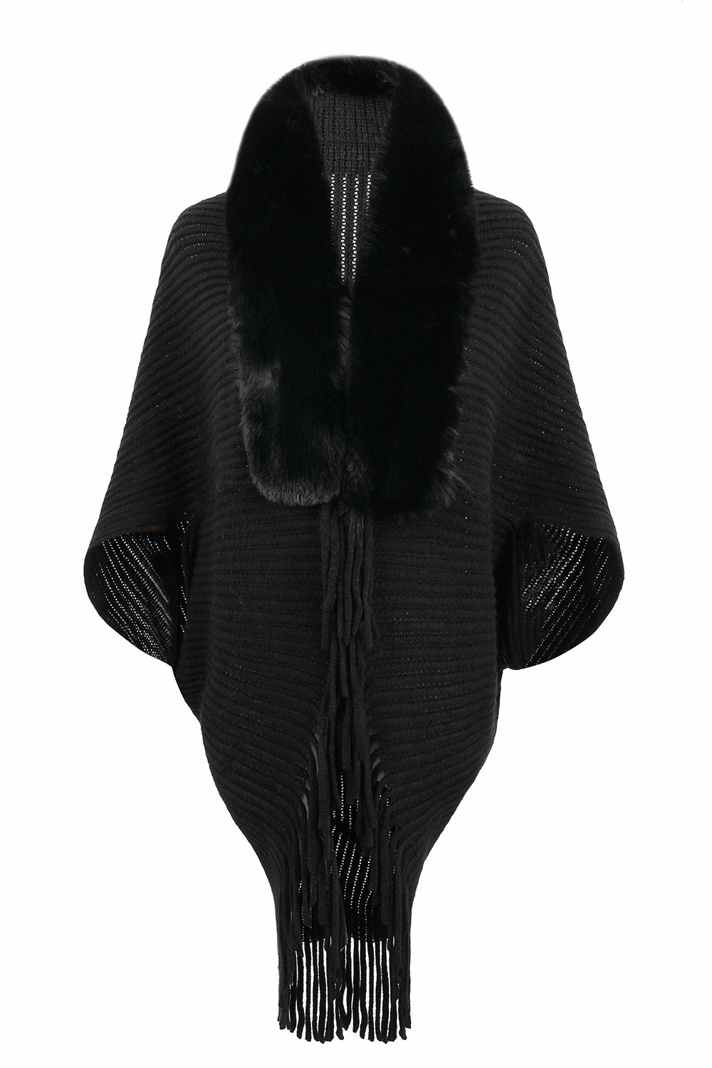 Trendy Picks Today Fringe Detail Long Sleeve Ribbed Poncho