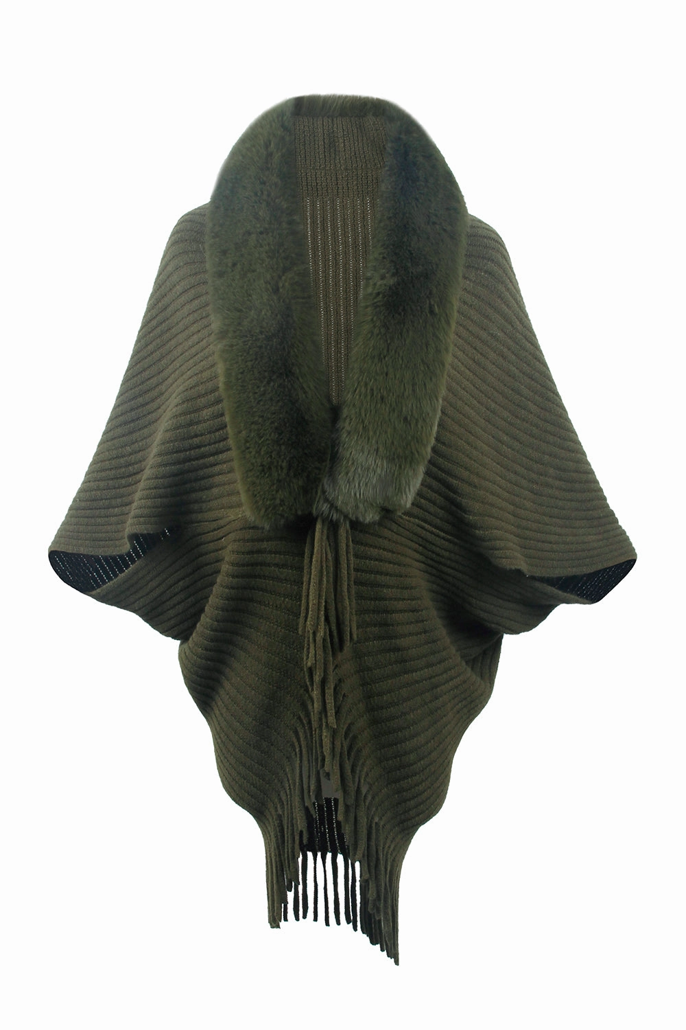 Mega Online Discount Fringe Detail Long Sleeve Ribbed Poncho