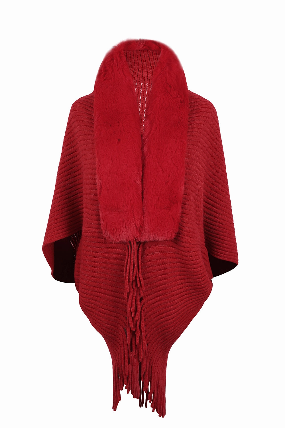 Surprise Discount Today Fringe Detail Long Sleeve Ribbed Poncho