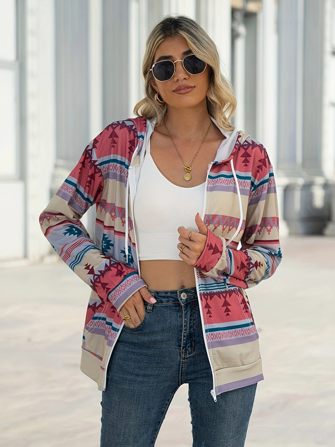 Geometric Zip Up Long Sleeve Hooded Jacket Mega Savings Now