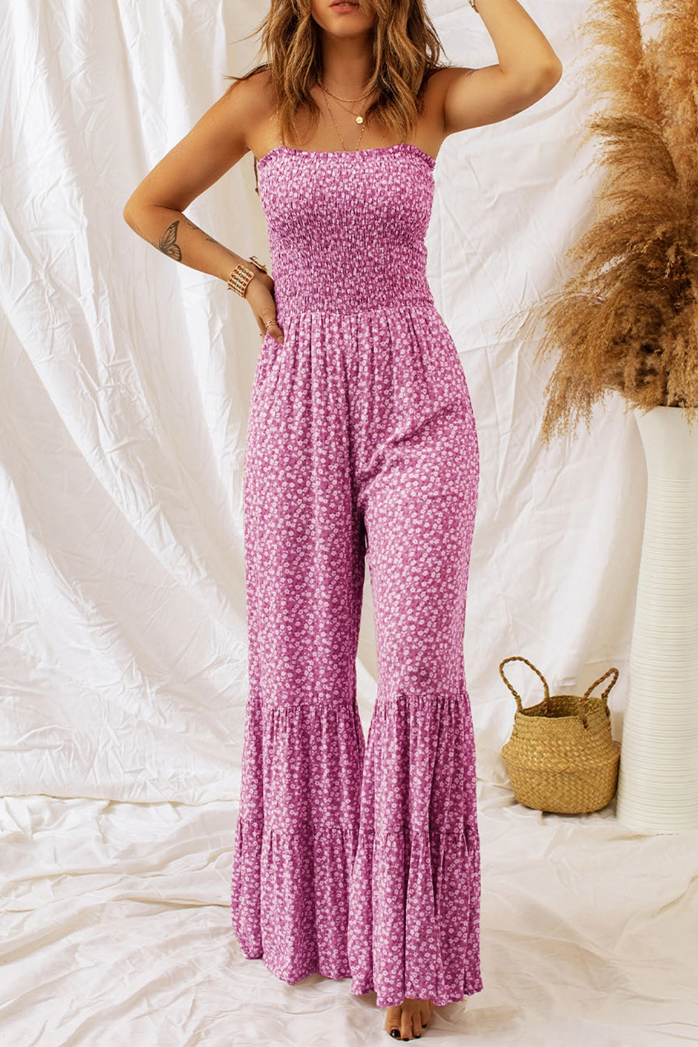 Smocked Printed Wide Strap Jumpsuit Dont Miss This Deal Biggest Savings Now