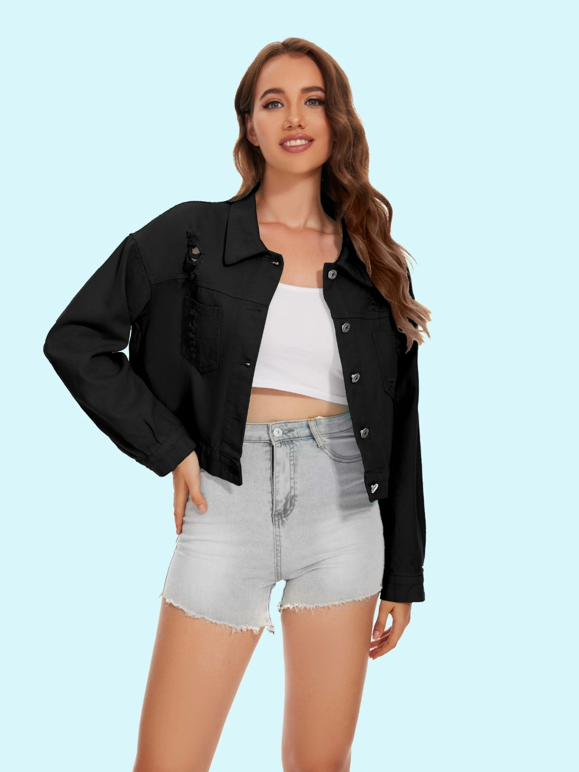 Save More Online Special Deals Online Distressed Distressed Button Up Denim Jacket