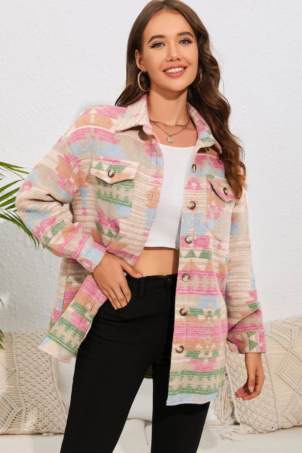 EndofWeek Deals Geometric Button Down Collared Jacket