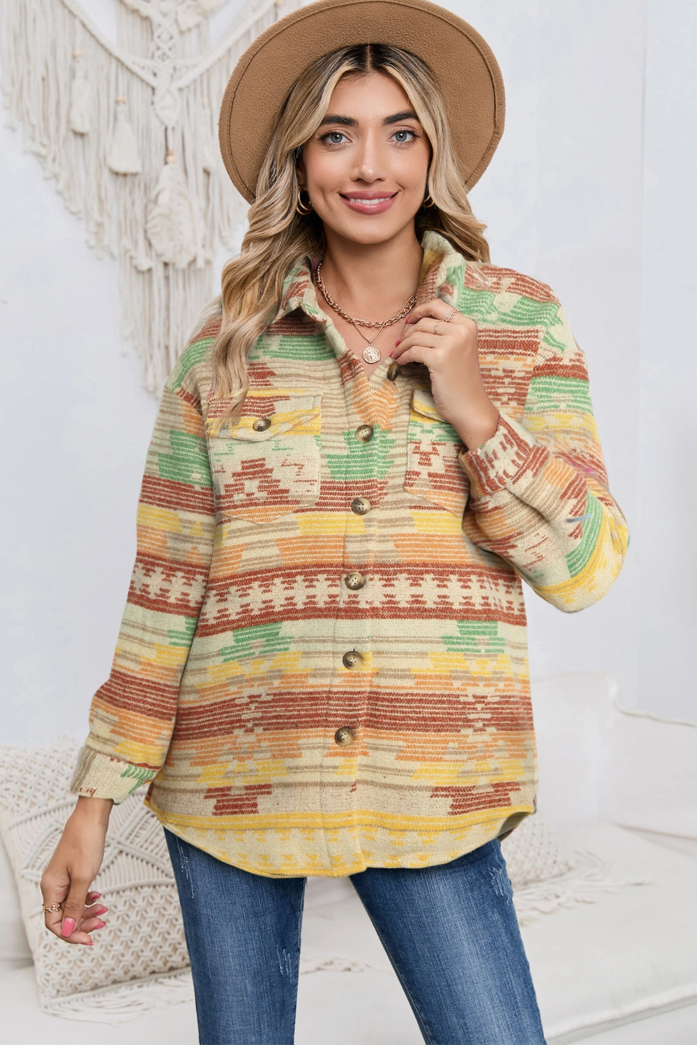 Geometric Button Down Collared Jacket Save Today Only Special Deal Frenzy