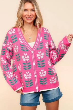 Haptics Full Size Floral Jacquard V-Neck Button Up Cardigan Today Only Steal Special Online Offer