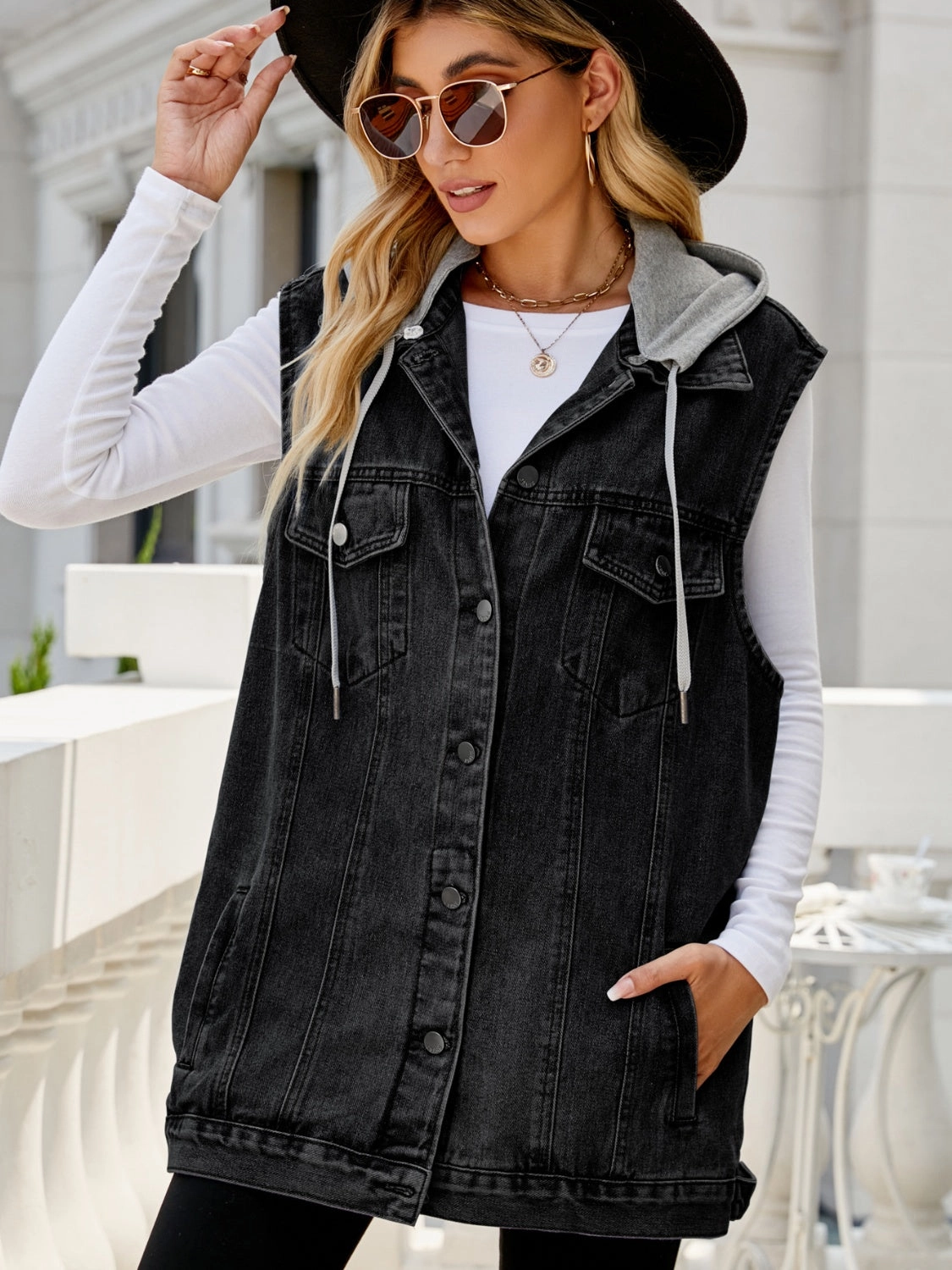 Shop the Savings Limited Time Hot Deal Drawstring Pocketed Button Up Sleeveless Denim Jacket