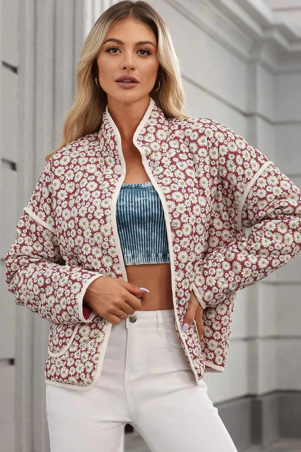 Trending Savings Now Shop Save Today Floral Snap Down Mock Neck Coat