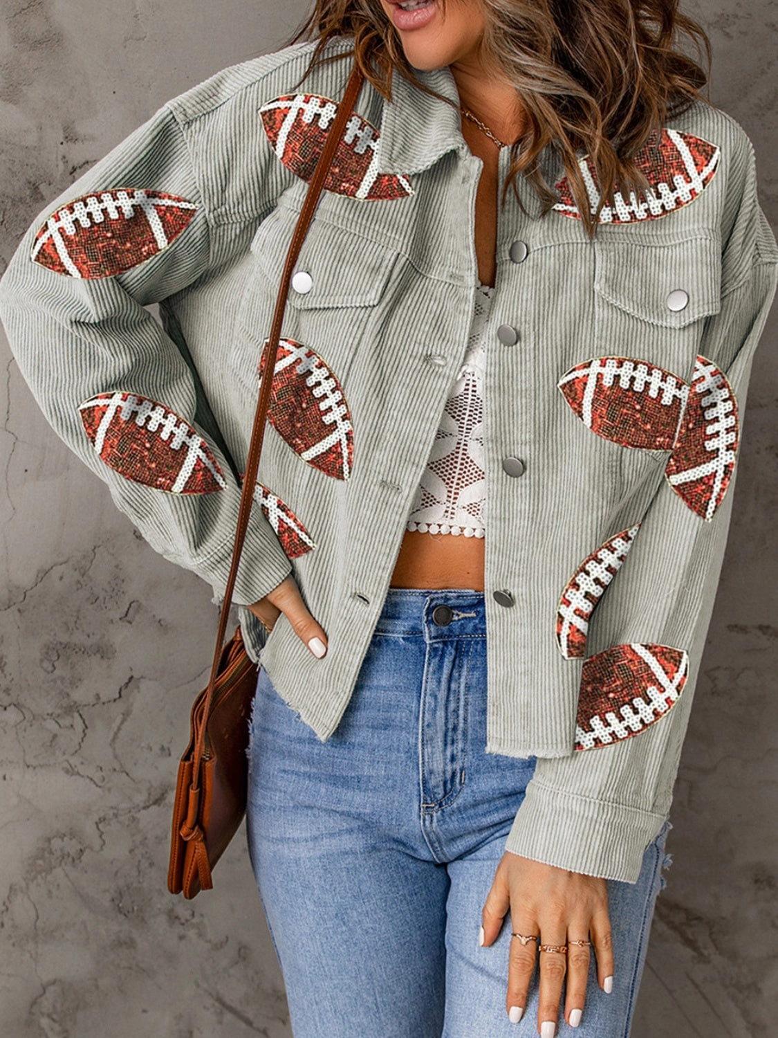 Football Sequin Button Up Dropped Shoulder Jacket Exclusive Online Discount