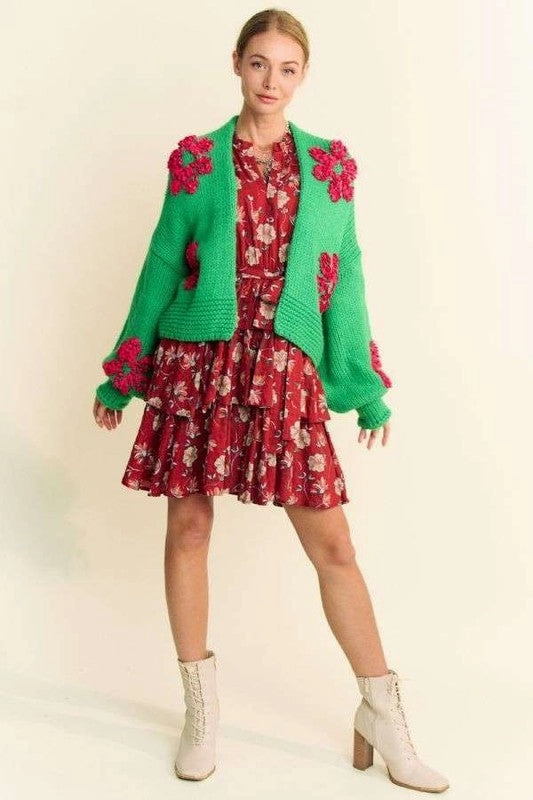 Grab Your Savings Davi & Dani Floral Applique Open Front Drop Shoulder Cardigan