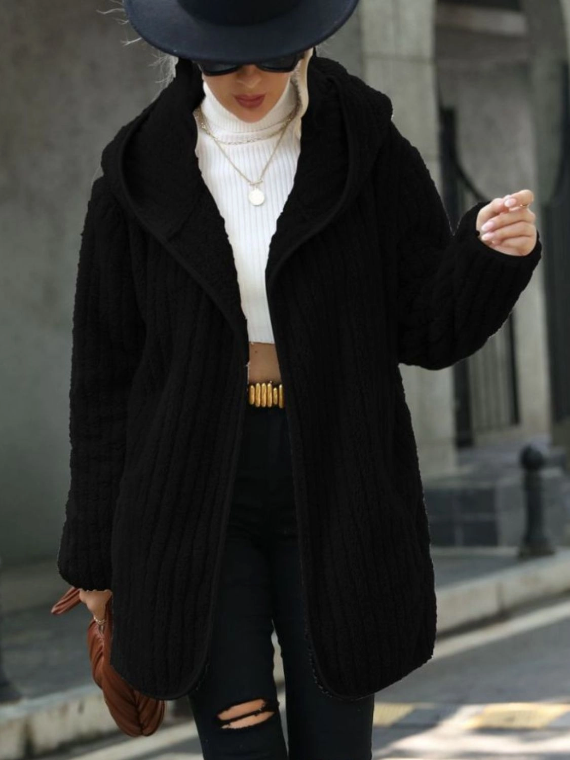 Open Front Ribbed Hooded Coat Save More Now Mega Hot Offer
