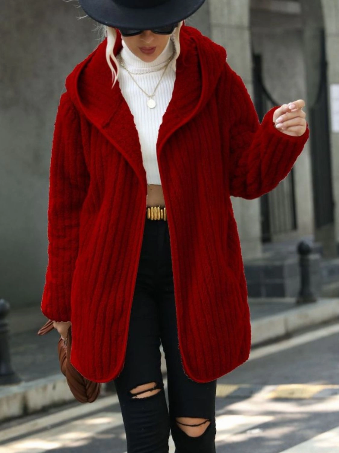 Open Front Ribbed Hooded Coat Online Exclusive Offer Special Price Offer