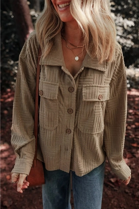 Textured Pocketed Collared Neck Long Sleeve Shacket Perfect Gift Sale