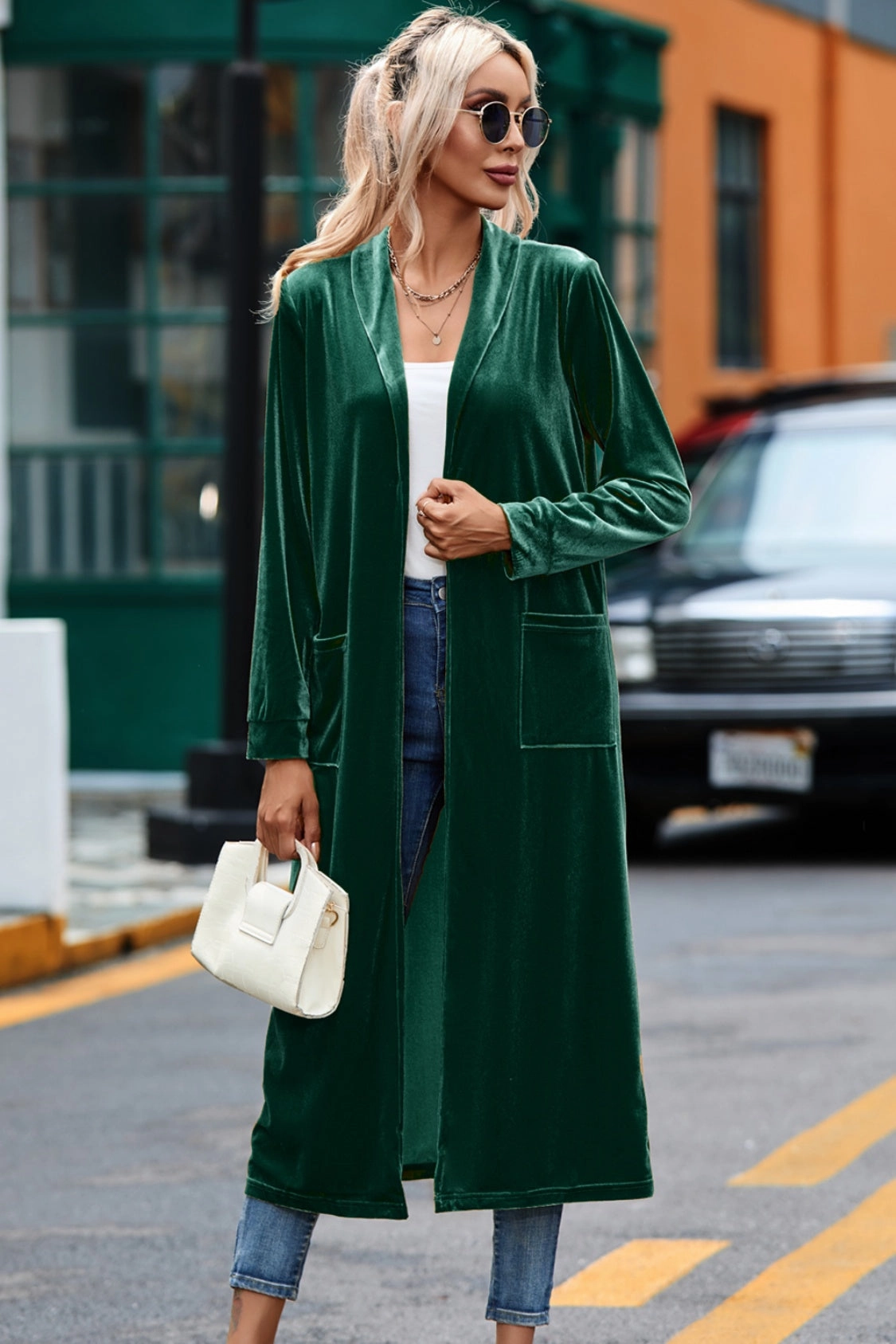 Limited Stock Hot Deal Velvet Open Front Long Cardigan With Pockets