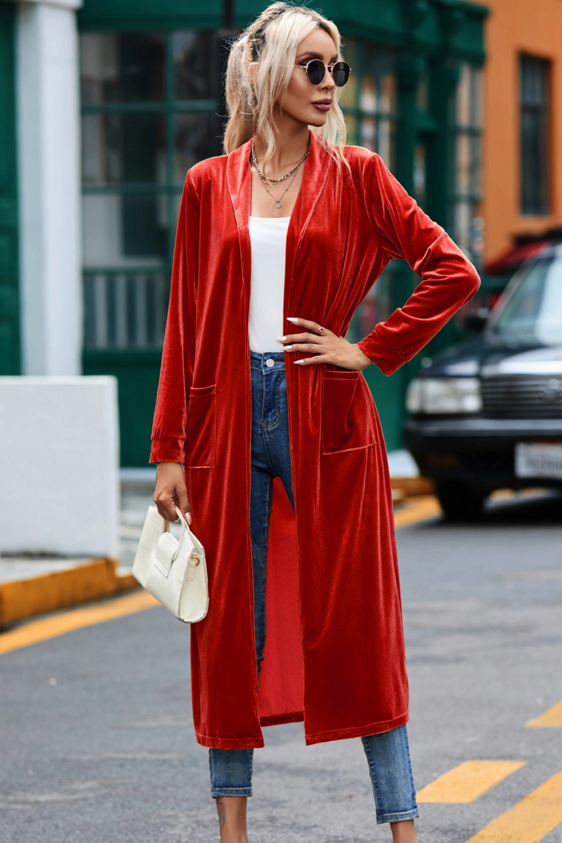 Dont Wait Save Velvet Open Front Long Cardigan With Pockets