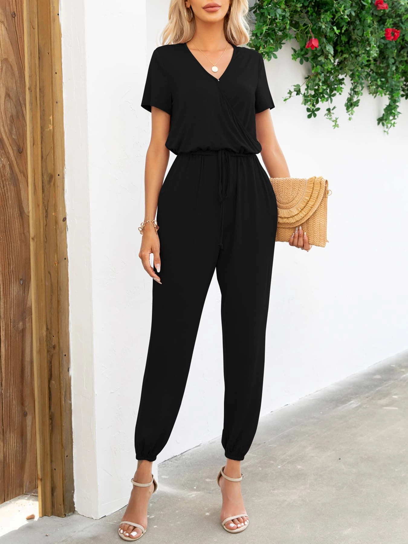 Today Only Hot Pick Hot Pick Sale Short Sleeve V-Neck Jumpsuit With Pockets