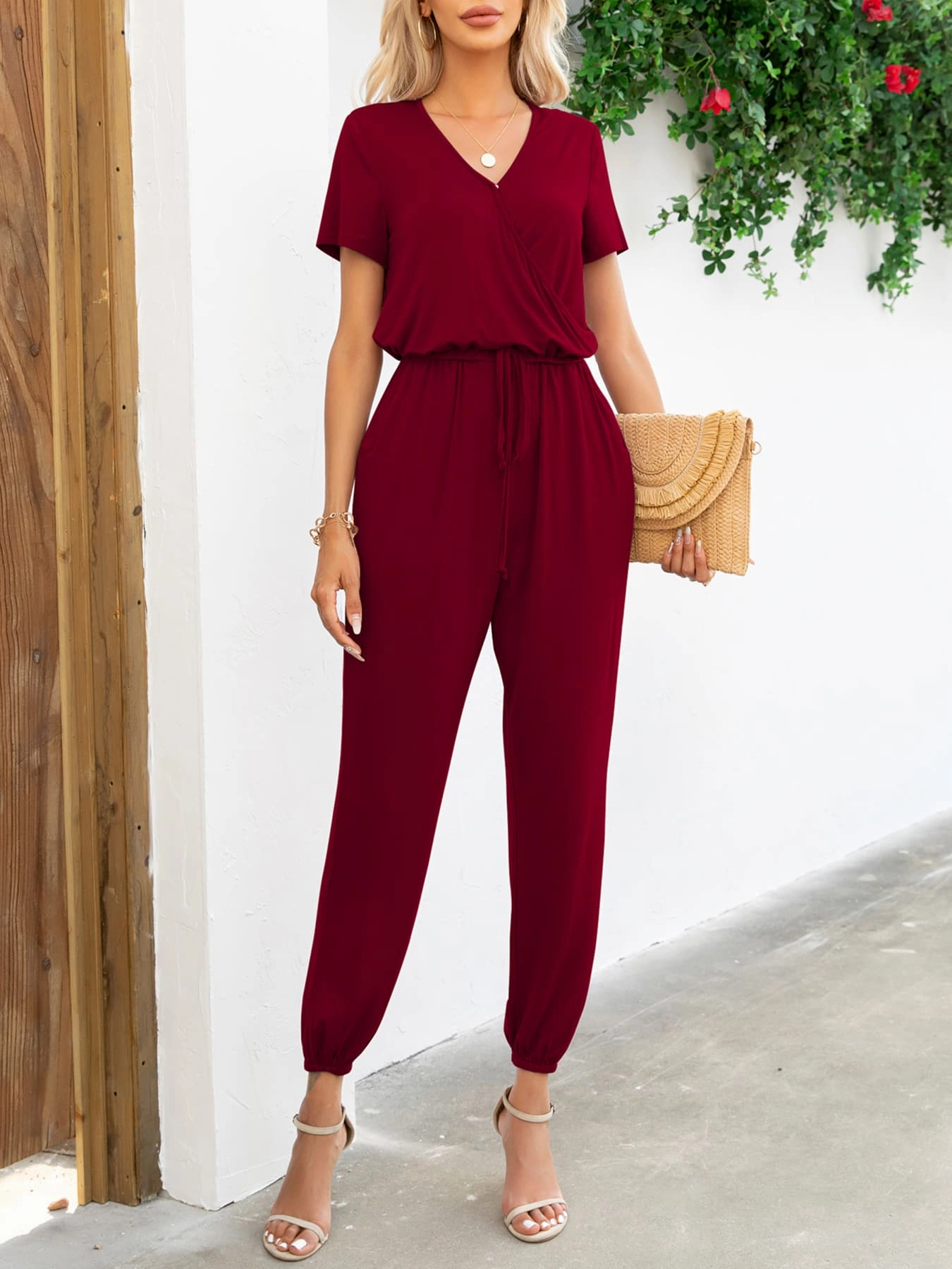 Todays Mega Savings Limited Time Discount Short Sleeve V-Neck Jumpsuit With Pockets