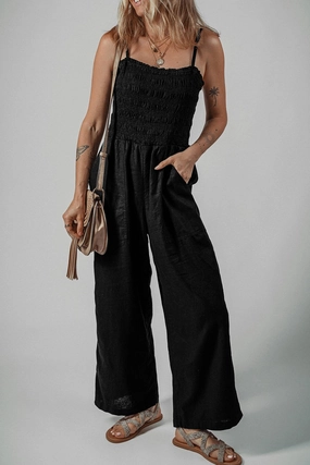 Smocked Spaghetti Straps Wide Leg Jumpsuit Weekend Sale Special