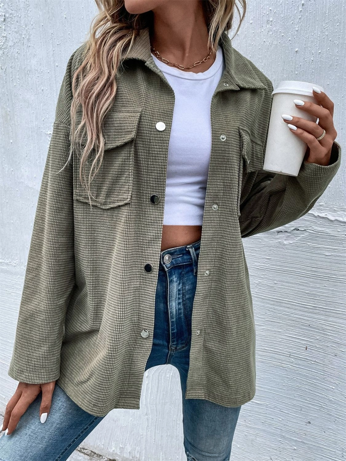 Snap Down Collared Neck Drop Shoulder Jacket Limited Stock Alert