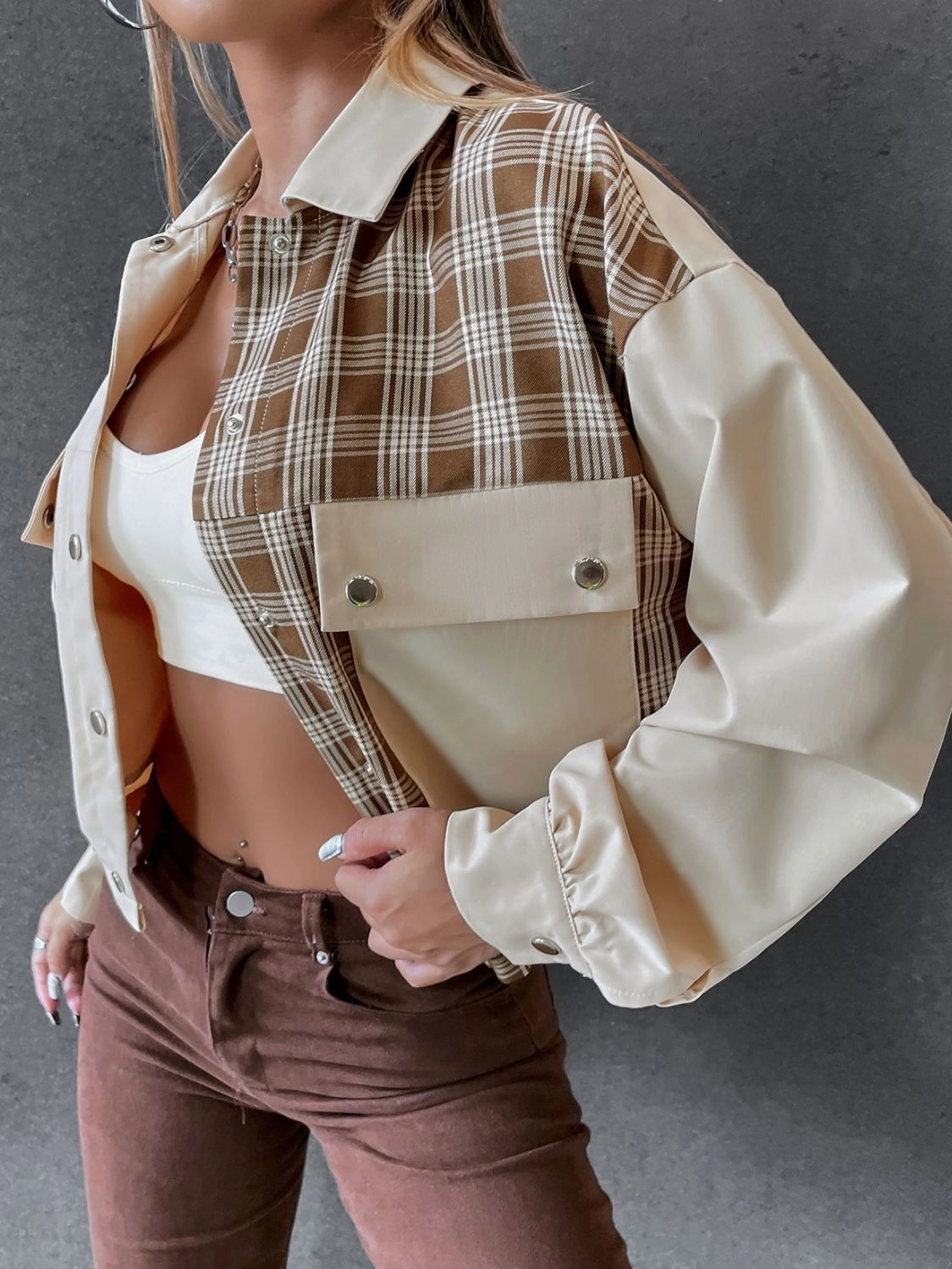 Snap Down Color Block Plaid Jacket Last Chance Offer