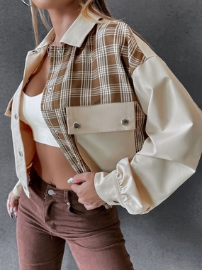 Clearance Sale Snap Down Color Block Plaid Jacket