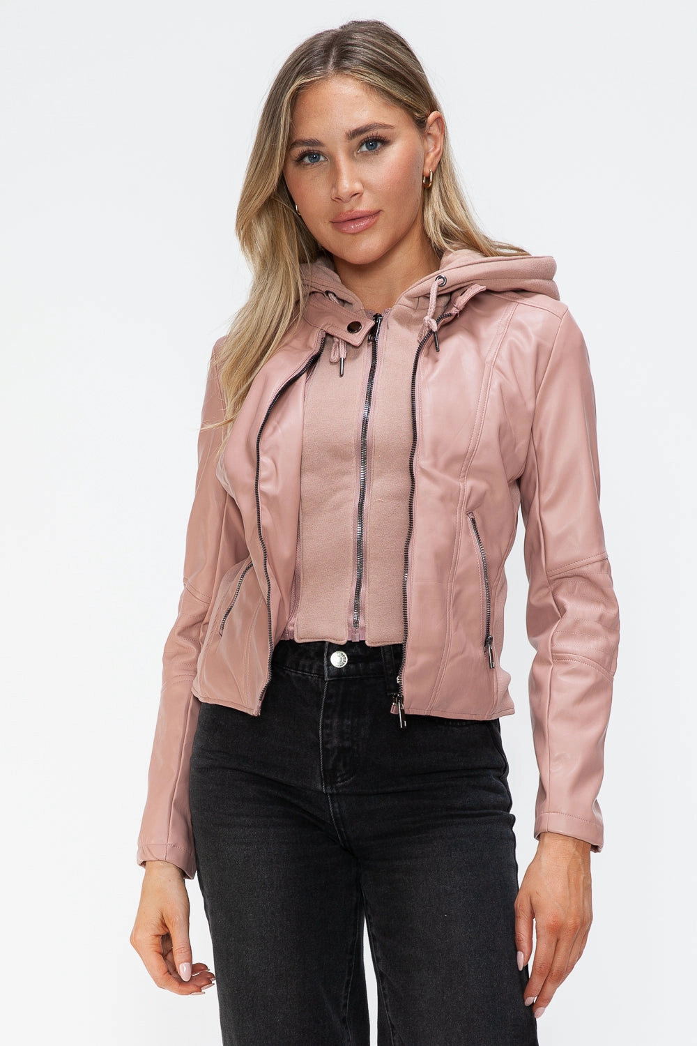Hot Picks Today Limited Offer Alert Snobbish Faux Leather Zip Up Drawstring Hooded Jacket