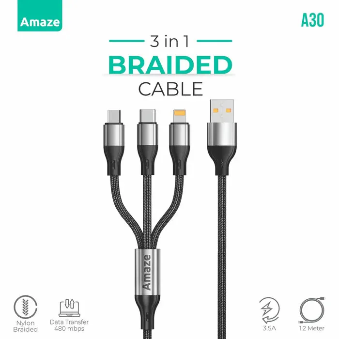 Limited Time Sale Amaze A30 3-In-1 Usb To Micro/Typec/Iphone Cable 3.5A 1.2M