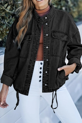Drawstring Snap Down Denim Jacket With Chest Pockets Gift Ideas Galore Shop the Savings