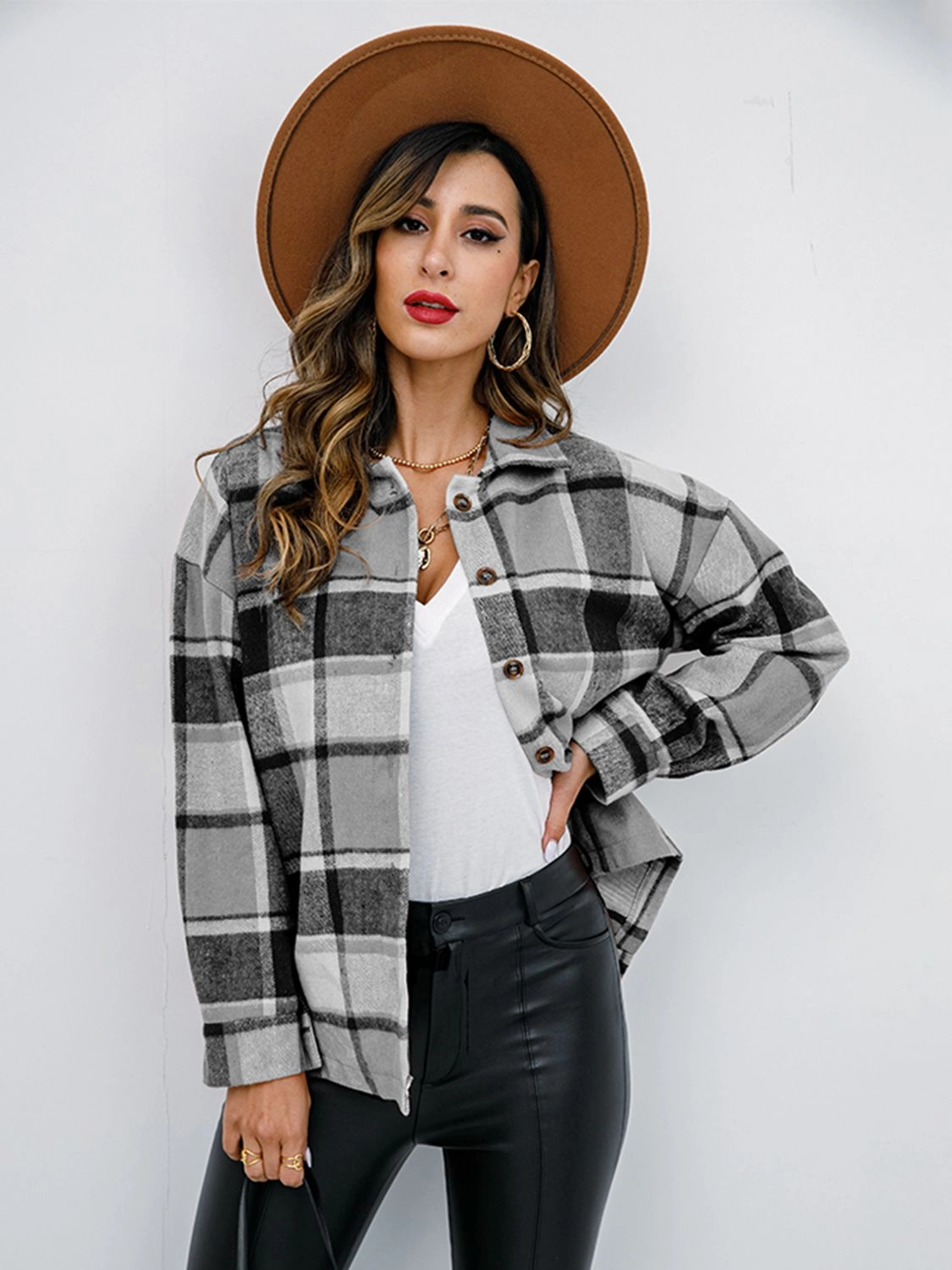 Grab It Fast Shop Today Save Shiny Plaid Button Up Collared Neck Jacket