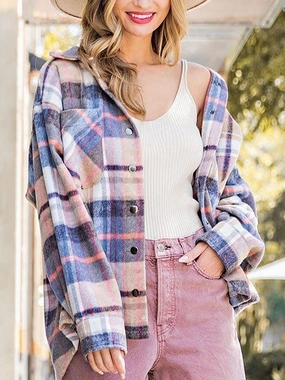 Snap Up Plaid Collared Neck Jacket With Pocket Gift Sale Event Exclusive Savings Event