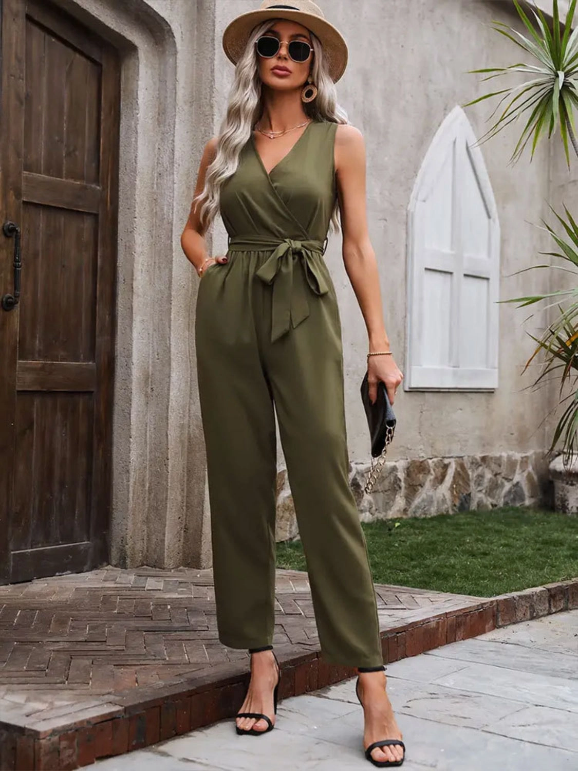 Best Seller Deal Sale Ending Soon Surplice Tie Waist Sleeveless Jumpsuit