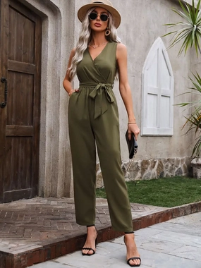 Surplice Tie Waist Sleeveless Jumpsuit Exclusive Online Discount