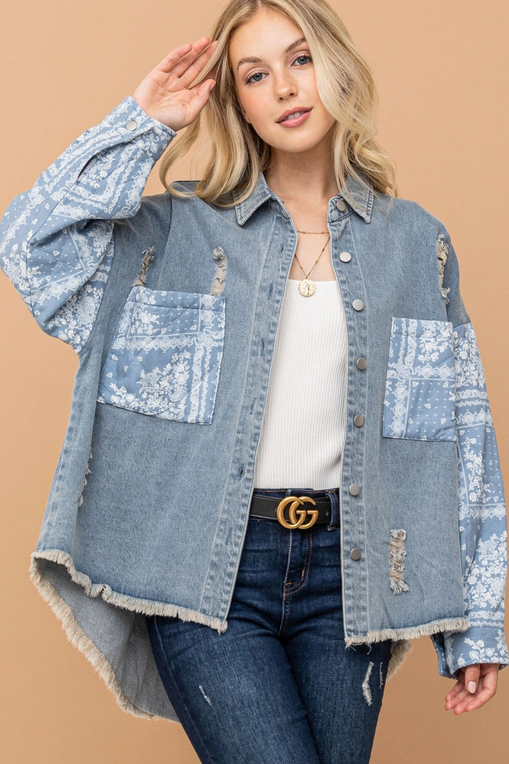 Hot Sale Frenzy Todays Steal And The Why Full Size Paisley Print Quilted Sleeves Denim Jacket