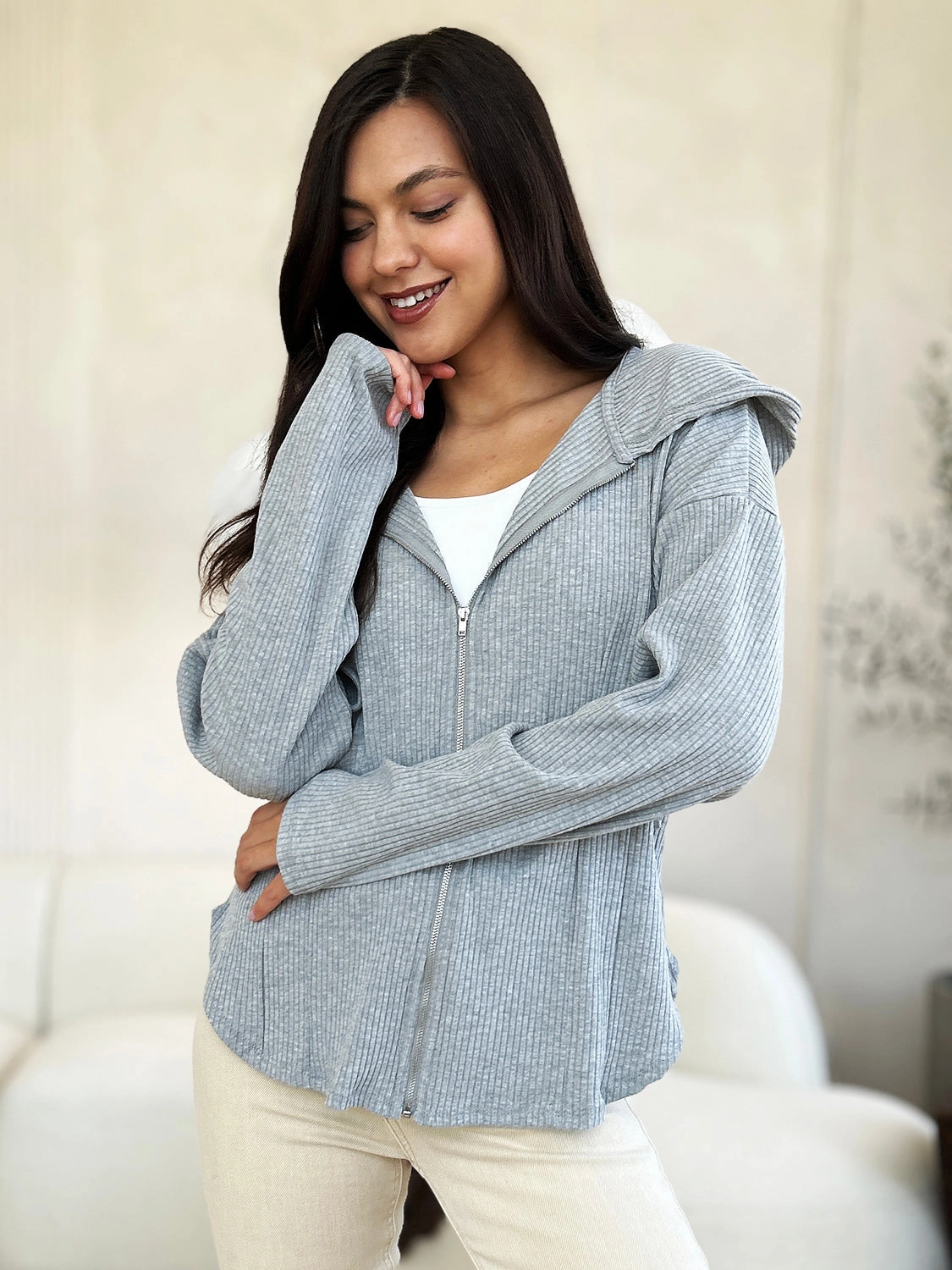 Trending Today Steal Today Only Savings Culture Code Full Size Ribbed Zip Up Drawstring Hooded Jacket