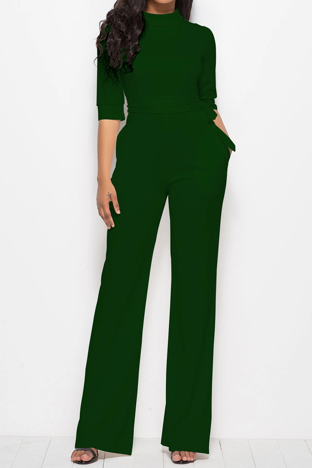 Mock Neck Tie-Waist Half Sleeve Jumpsuit Save More Online Instant Savings Inside