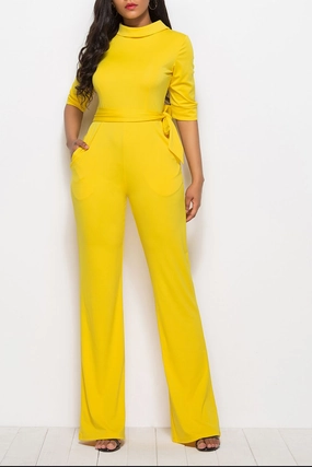 Hot Offer Inside Mock Neck Tie-Waist Half Sleeve Jumpsuit